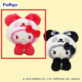 A赤】パンダ ハローキティ テキスタイルリボンBIGぬいぐるみ